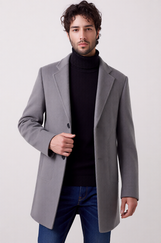 Men's 100% Pure Wool Double-Faced Overcoat with Lapel Collar