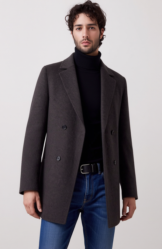 Men's Alpaca-Blend Wool Double-Breasted Overcoat with Down Liner