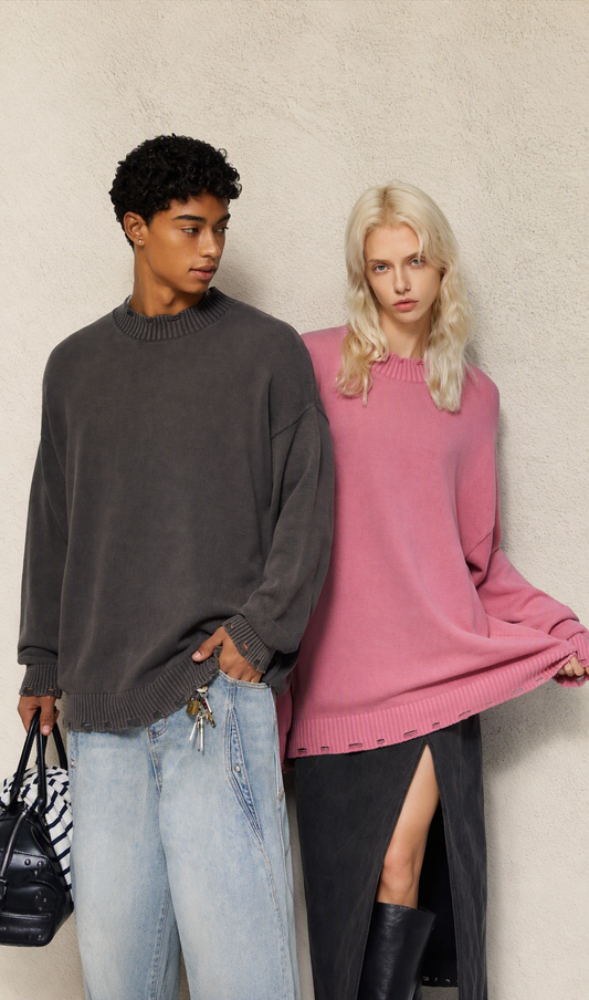 Vintage Distressed 425G Heavyweight Pure Cotton Stand Collar Pullover