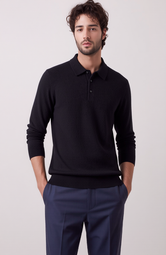 Men's 100% Pure Wool Polo Collar Sweater - Lightweight Thermal Knitwear Innerwear