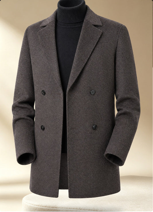 Men's Alpaca-Blend Wool Double-Breasted Overcoat with Down Liner