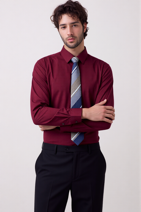 Men's 200S Wool-Blend Burgundy Thermal Non-Iron Dress Shirt