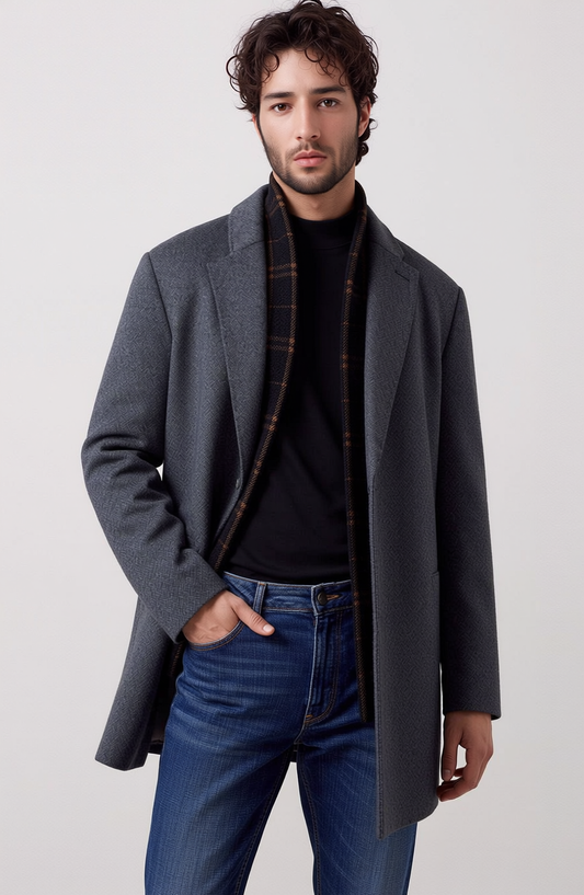 Men's Wool-Blend Double-Faced Overcoat with Detachable Down Liner