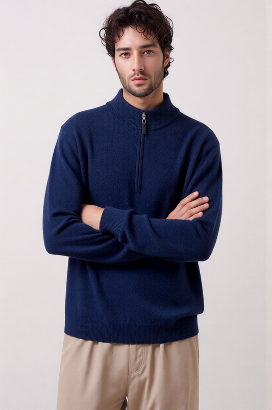 Men's 100% Pure Wool Stand-Collar Ribbed Sweater - Luxury Quiet Luxury Knitwear