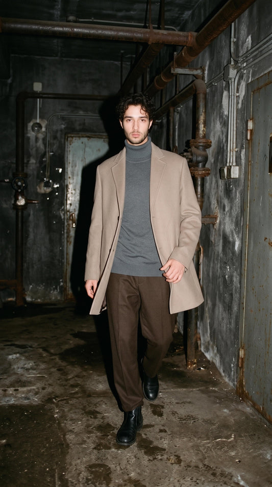 Men's 100% Pure Wool Double-Faced Overcoat with Lapel Collar